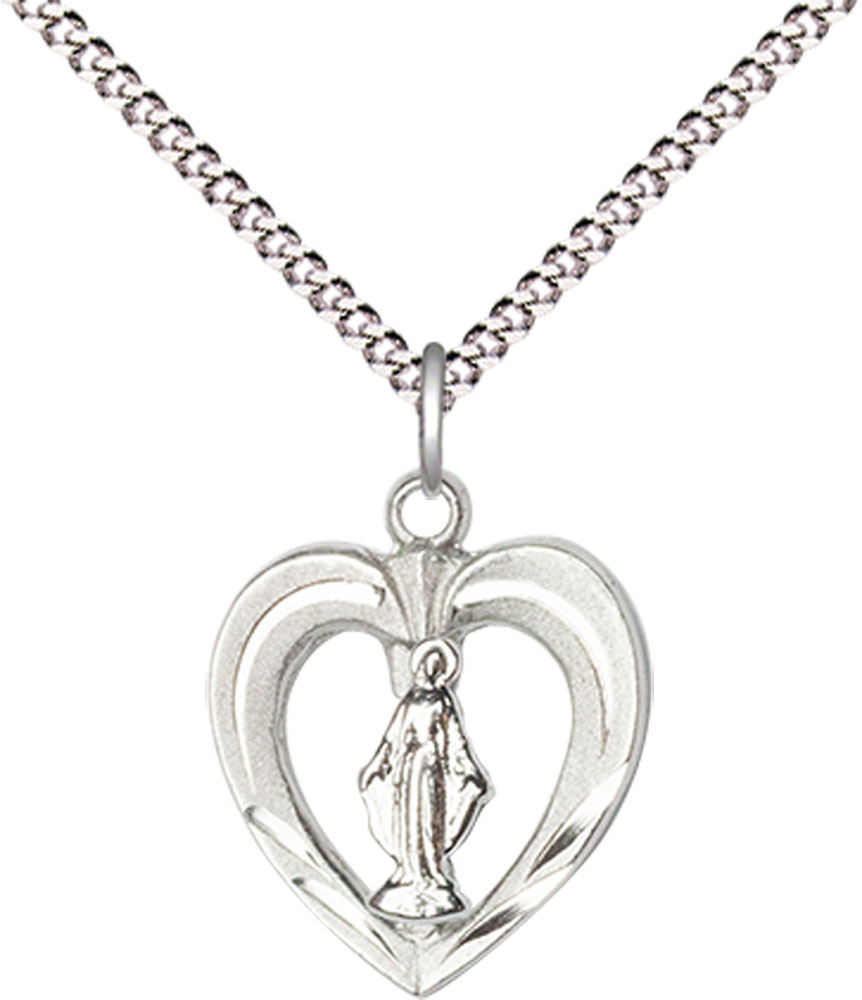 Sterling Silver Heart / Miraculous Pendant on a 18 inch Light Rhodium Light Curb chain