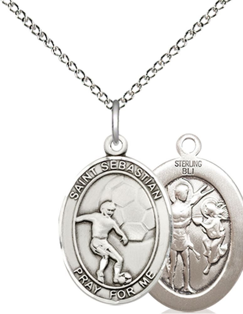 Sterling Silver Saint Sebastian Soccer Pendant on a 18 inch Sterling Silver Light Curb chain
