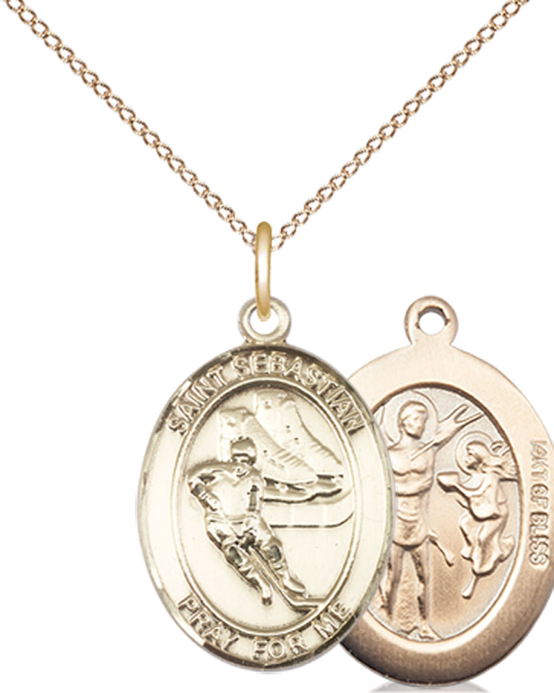 14kt Gold Filled Saint Sebastian Hockey Pendant on a 18 inch Gold Filled Light Curb chain