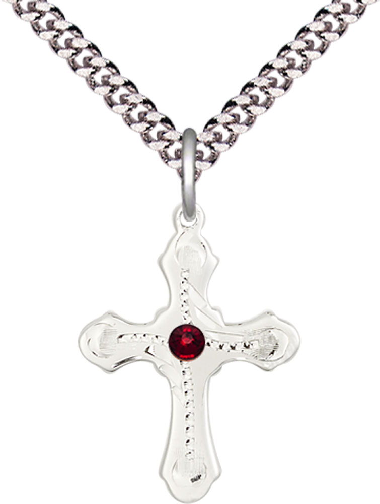 Sterling Silver Cross Pendant with a 3mm Garnet Swarovski stone on a 24 inch Light Rhodium Heavy Curb chain