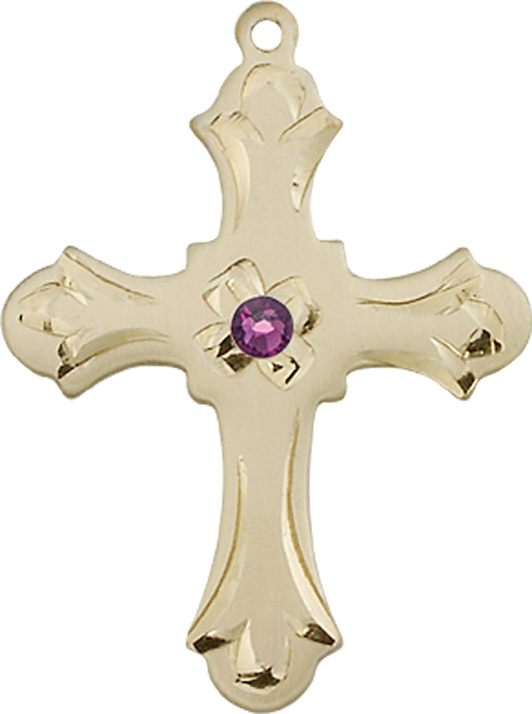 14kt Gold Filled Cross Medal with a 3mm Amethyst Swarovski stone