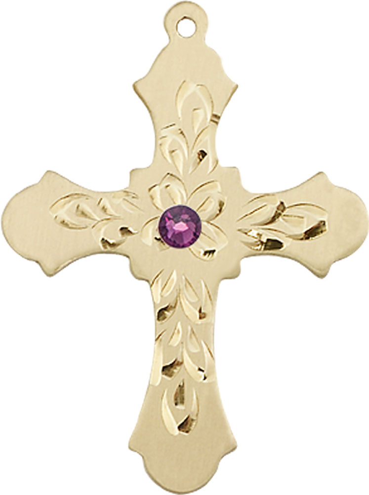 14kt Gold Filled Cross Medal with a 3mm Amethyst Swarovski stone