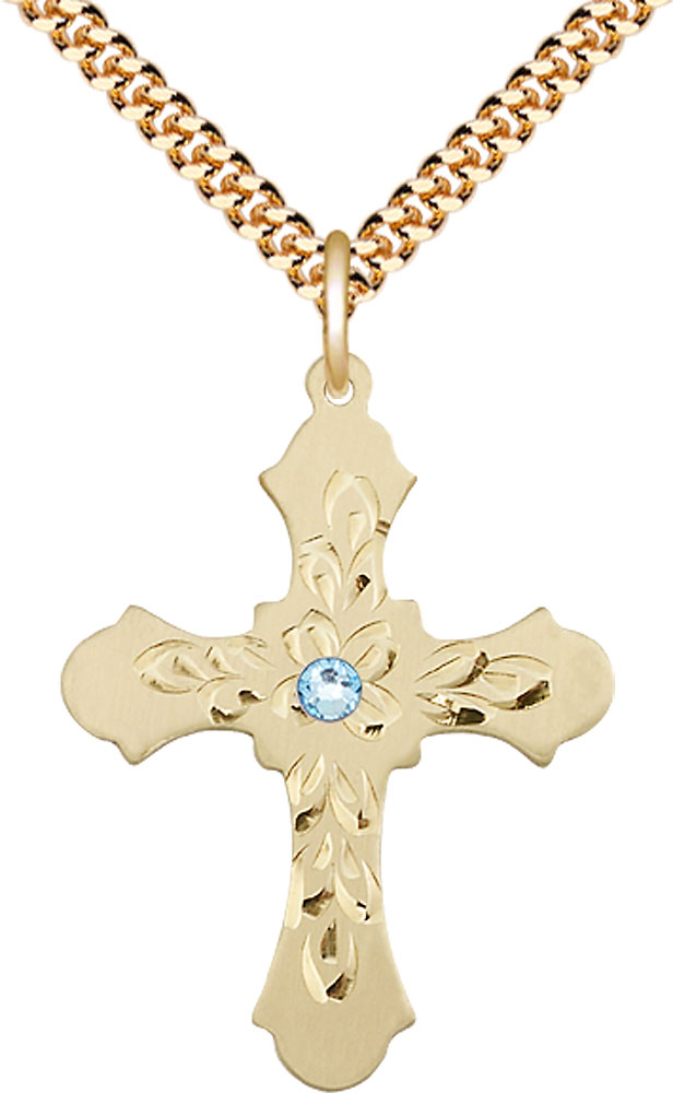 14kt Gold Filled Cross Pendant with a 3mm Aqua Swarovski stone on a 24 inch Gold Plate Heavy Curb chain