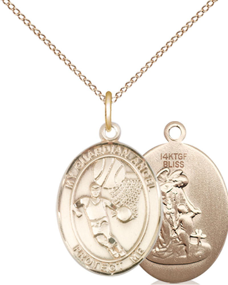 14kt Gold Filled Guardian Angel Basketball Pendant on a 18 inch Gold Filled Light Curb chain