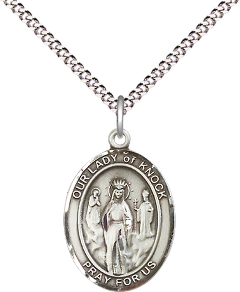 Sterling Silver Our Lady of Knock Pendant on a 18 inch Light Rhodium Light Curb chain