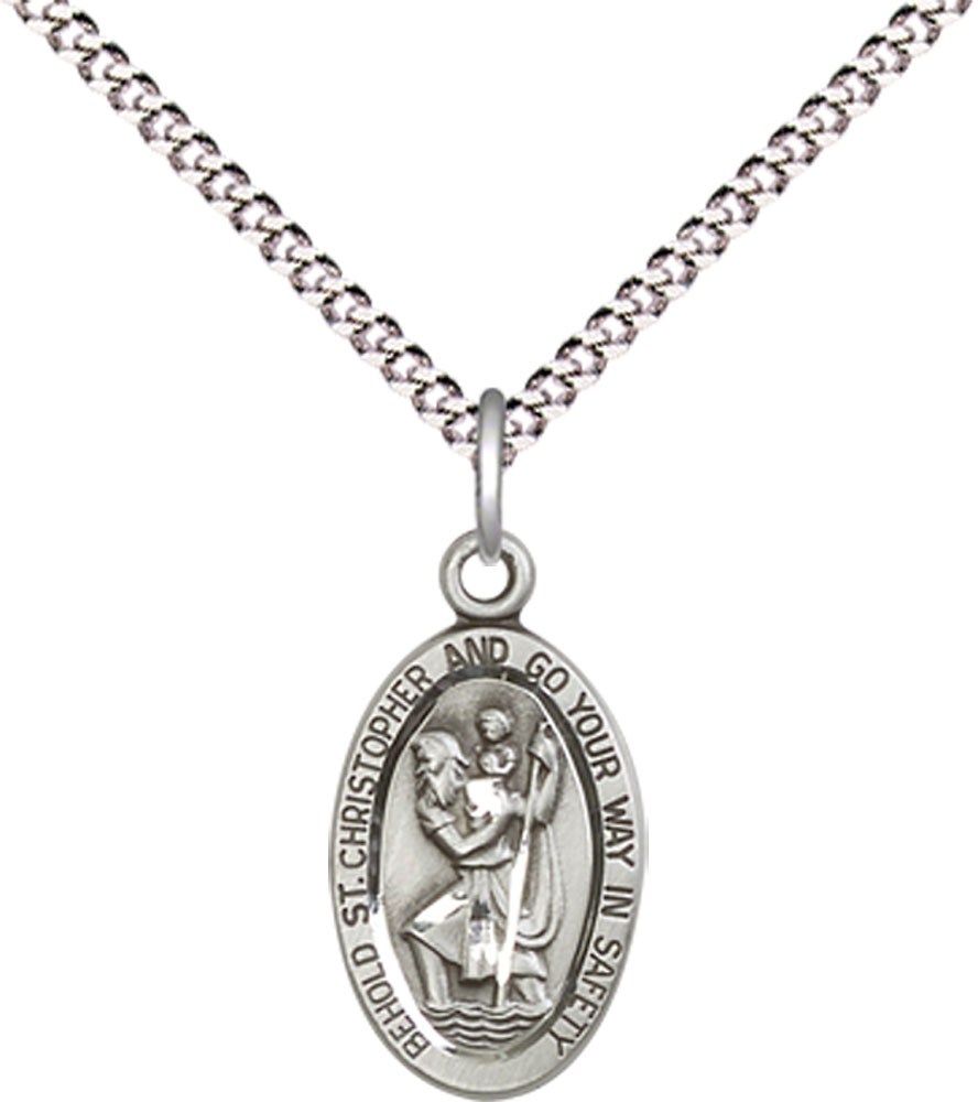 Sterling Silver Saint Christopher Pendant on a 18 inch Light Rhodium Light Curb chain