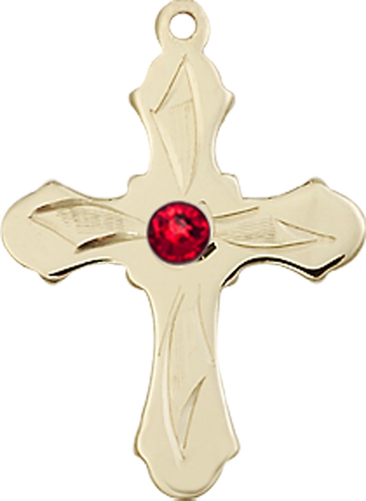 14kt Gold Cross Medal with a 3mm Ruby Swarovski stone