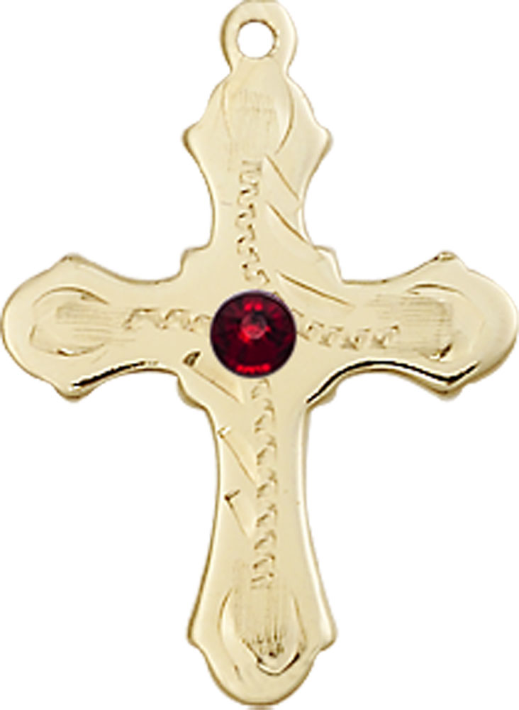 14kt Gold Cross Medal with a 3mm Garnet Swarovski stone