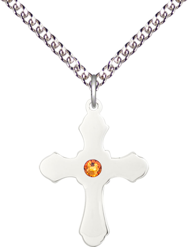 Sterling Silver Cross Pendant with a 3mm Topaz Swarovski stone on a 24 inch Sterling Silver Heavy Curb chain