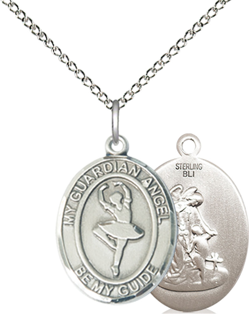 Sterling Silver Guardian Angel Dance Pendant on a 18 inch Sterling Silver Light Curb chain
