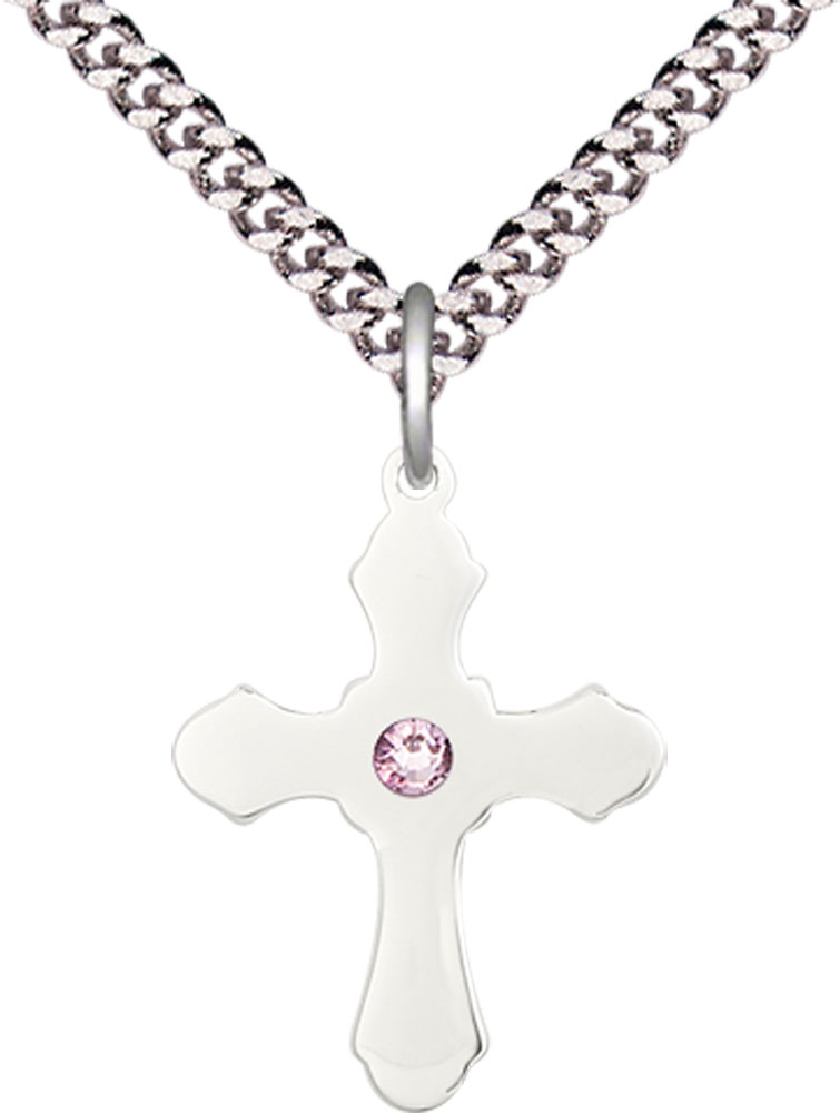 Sterling Silver Cross Pendant with a 3mm Light Amethyst Swarovski stone on a 24 inch Light Rhodium Heavy Curb chain