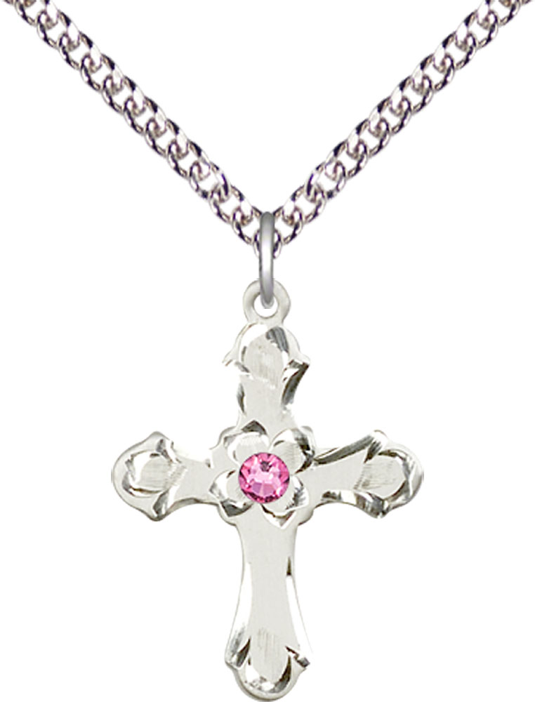 Sterling Silver Cross Pendant with a 3mm Rose Swarovski stone on a 24 inch Sterling Silver Heavy Curb chain