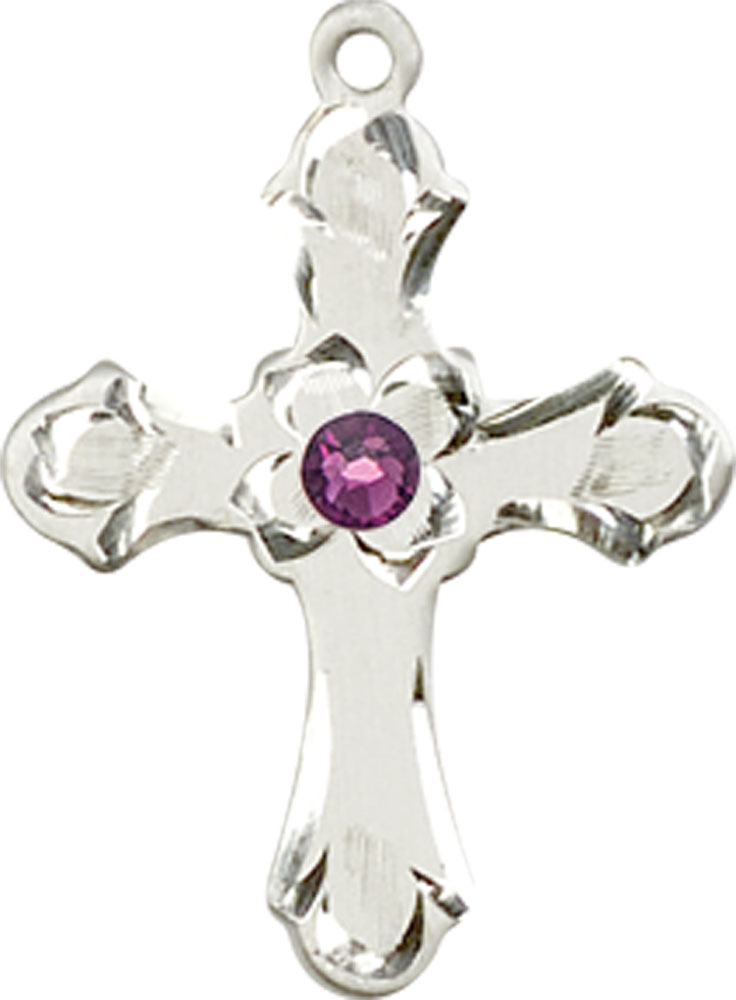 Sterling Silver Cross Medal with a 3mm Amethyst Swarovski stone