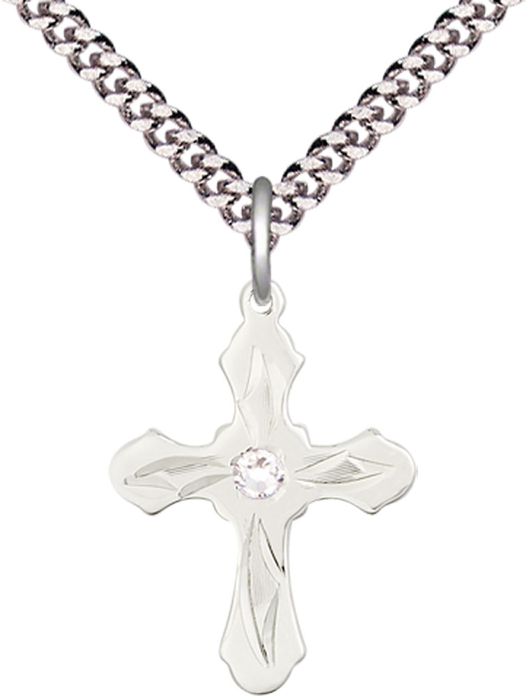 Sterling Silver Cross Pendant with a 3mm Crystal Swarovski stone on a 24 inch Light Rhodium Heavy Curb chain