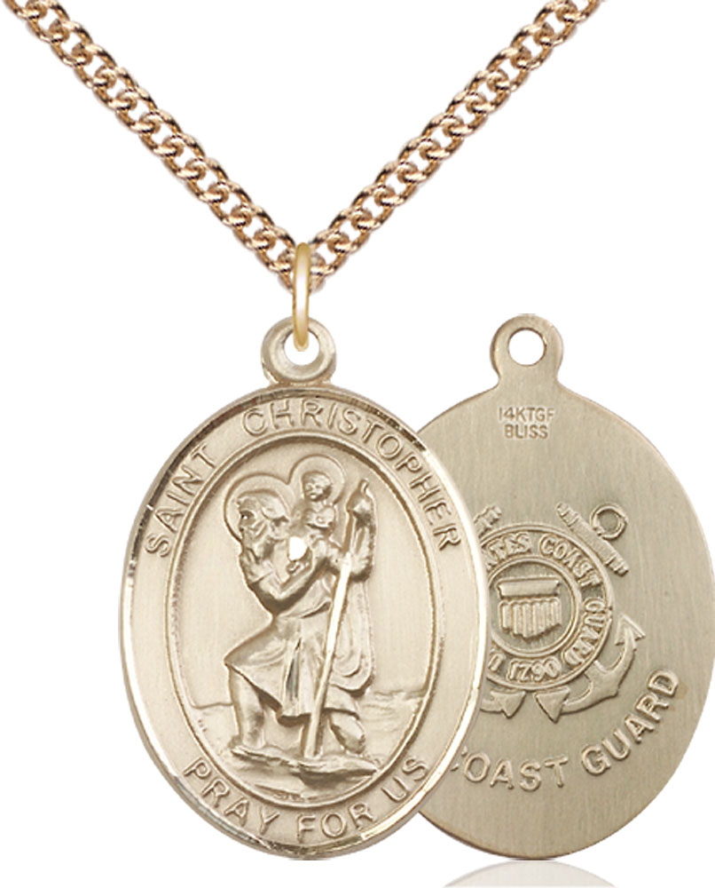14kt Gold Filled Saint Christopher Coast Guard Pendant on a 24 inch Gold Filled Heavy Curb chain