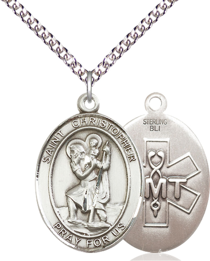 Sterling Silver Saint Christopher EMT Pendant on a 24 inch Sterling Silver Heavy Curb chain