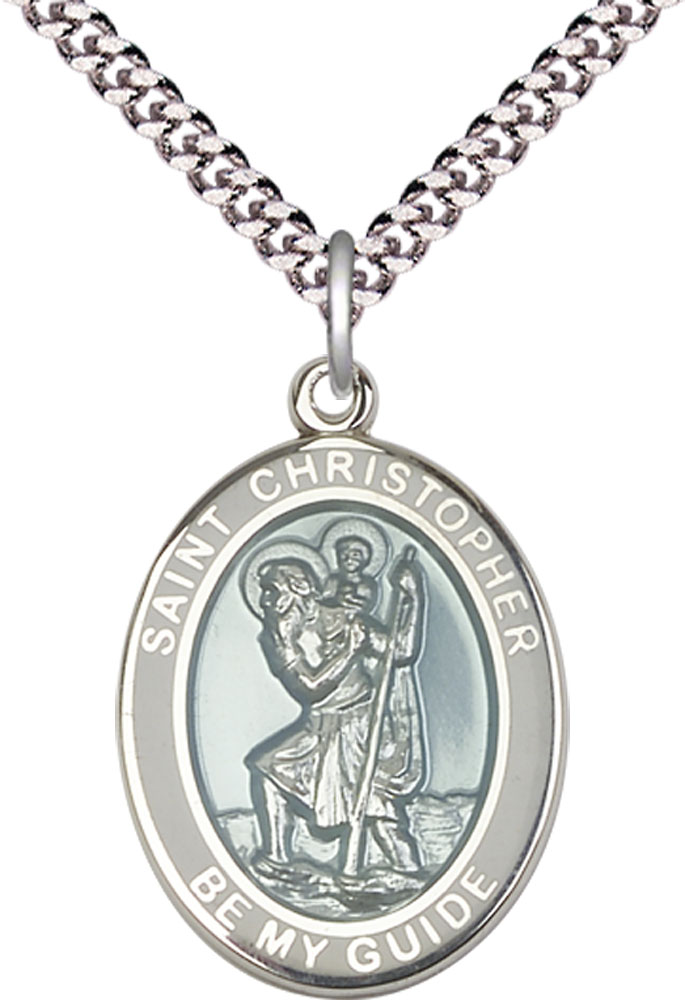Sterling Silver Saint Christopher Pendant on a 24 inch Light Rhodium Heavy Curb chain