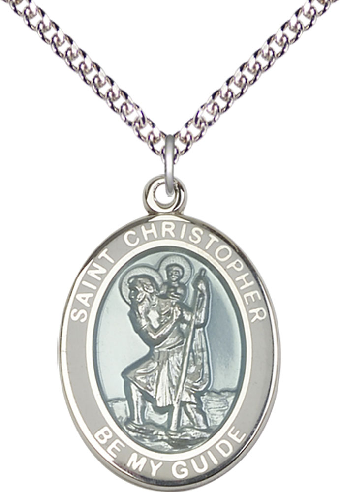 Sterling Silver Saint Christopher Pendant on a 24 inch Sterling Silver Heavy Curb chain