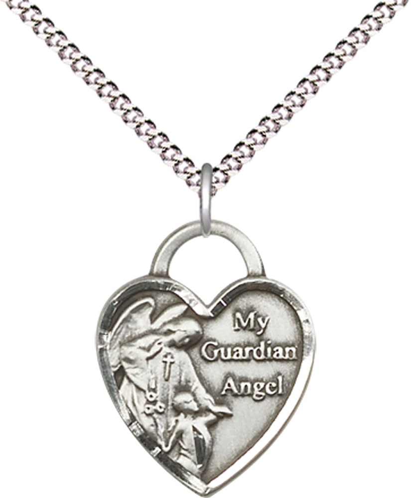 Sterling Silver Guardian Angel Heart Pendant on a 18 inch Light Rhodium Light Curb chain