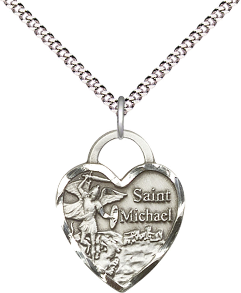 Sterling Silver Saint Michael the Archangel Pendant on a 18 inch Light Rhodium Light Curb chain