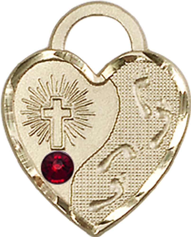 14kt Gold Filled Footprints Heart Medal with a 3mm Garnet Swarovski stone
