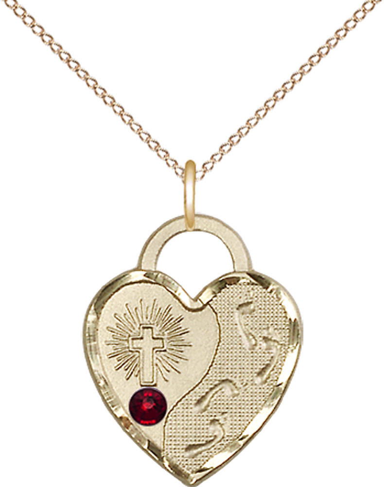 14kt Gold Filled Footprints Heart Pendant with a 3mm Garnet Swarovski stone on a 18 inch Gold Filled Light Curb chain