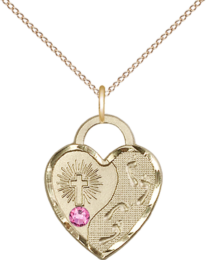 14kt Gold Filled Footprints Heart Pendant with a 3mm Rose Swarovski stone on a 18 inch Gold Filled Light Curb chain