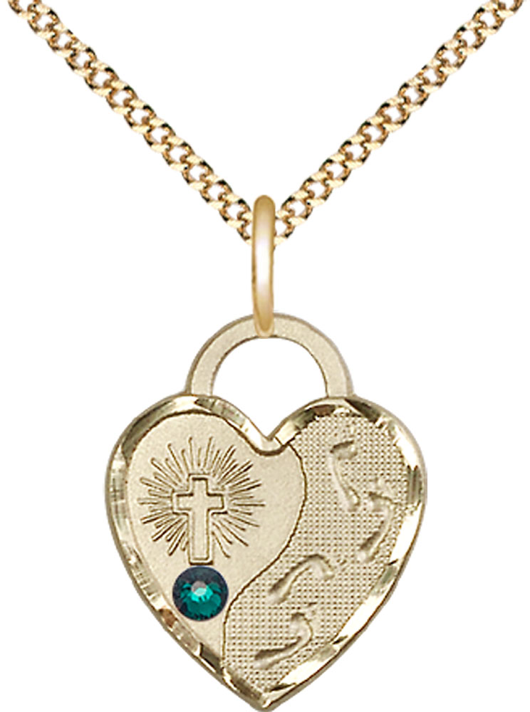 14kt Gold Filled Footprints Heart Pendant with a 3mm Emerald Swarovski stone on a 18 inch Gold Plate Light Curb chain
