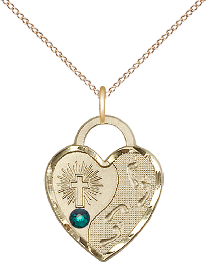 14kt Gold Filled Footprints Heart Pendant with a 3mm Emerald Swarovski stone on a 18 inch Gold Filled Light Curb chain