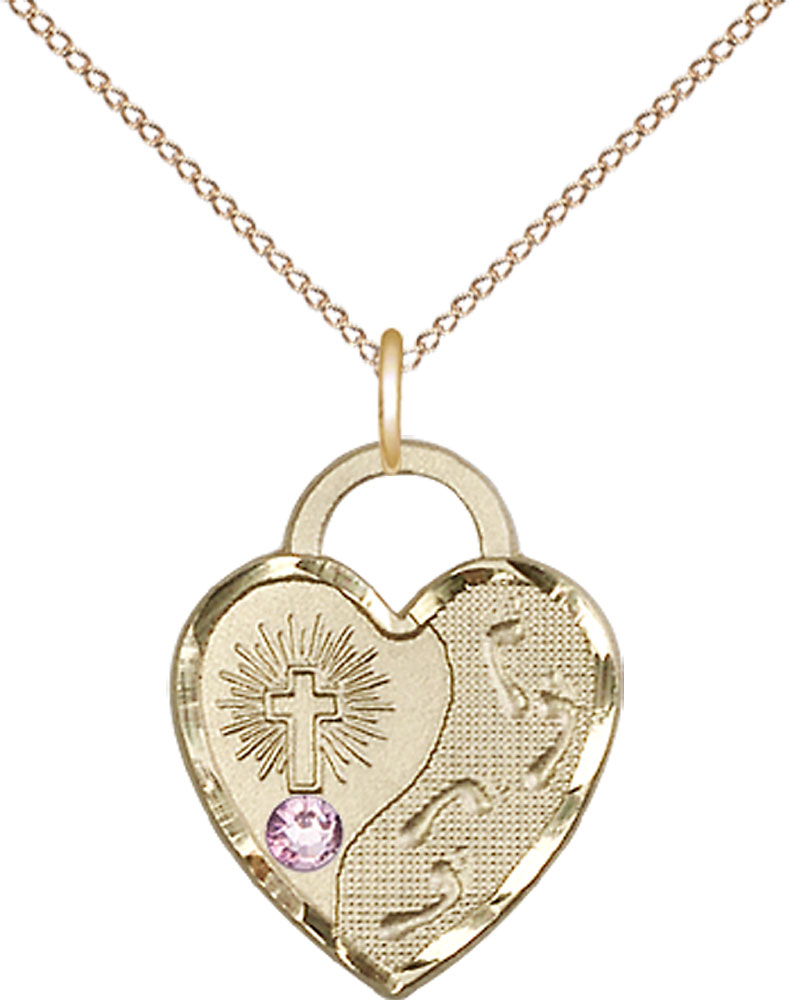 14kt Gold Filled Footprints Heart Pendant with a 3mm Light Amethyst Swarovski stone on a 18 inch Gold Filled Light Curb chain