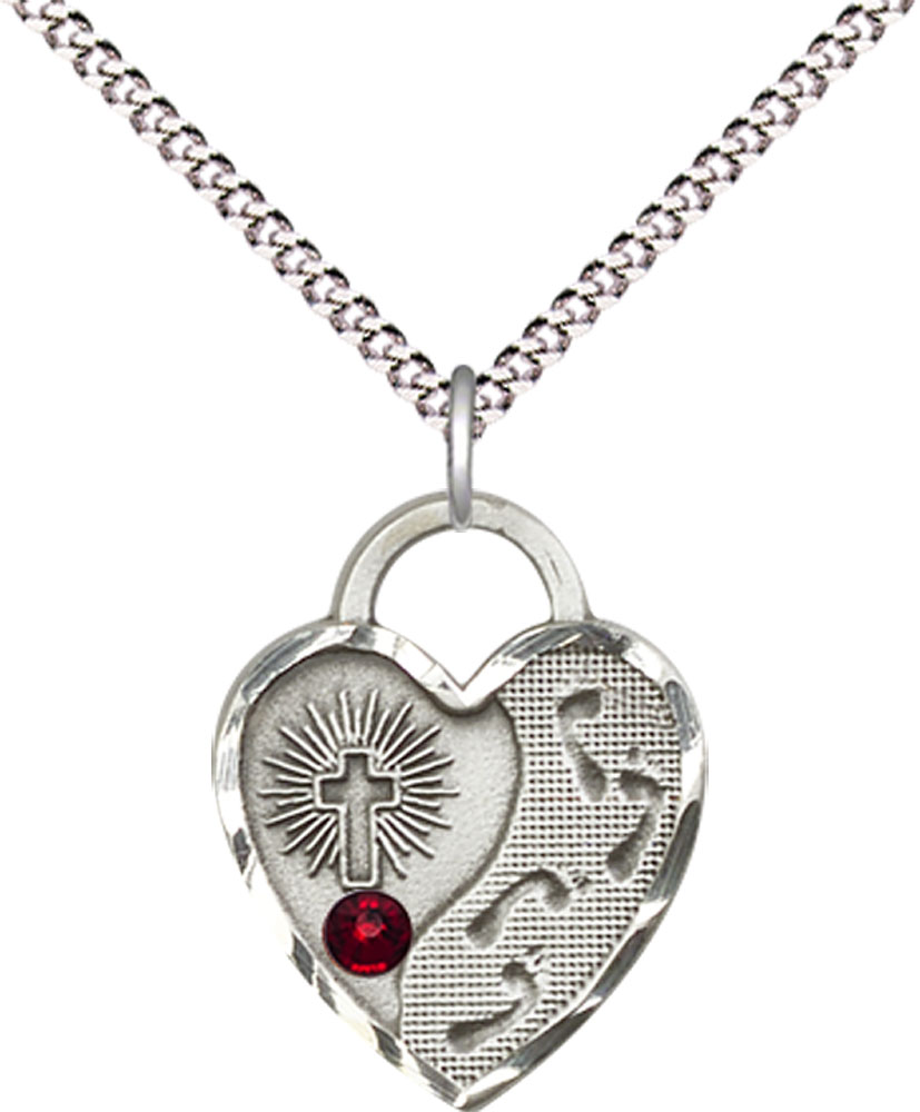 Sterling Silver Footprints Heart Pendant with a 3mm Garnet Swarovski stone on a 18 inch Light Rhodium Light Curb chain