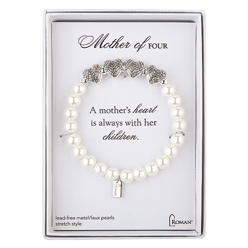 7"L White Mother Of 4 Bracelet - Stretch; Silver Gift Box