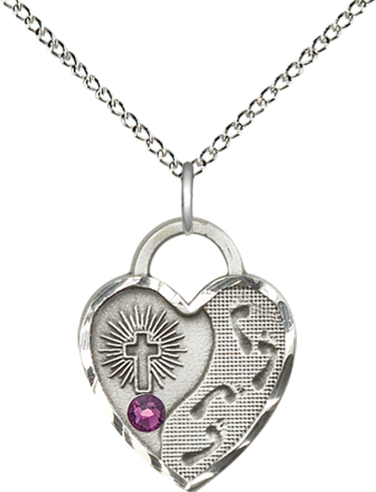 Sterling Silver Footprints Heart Pendant with a 3mm Amethyst Swarovski stone on a 18 inch Sterling Silver Light Curb chain