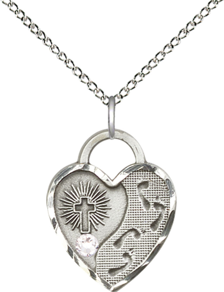Sterling Silver Footprints Heart Pendant with a 3mm Crystal Swarovski stone on a 18 inch Sterling Silver Light Curb chain