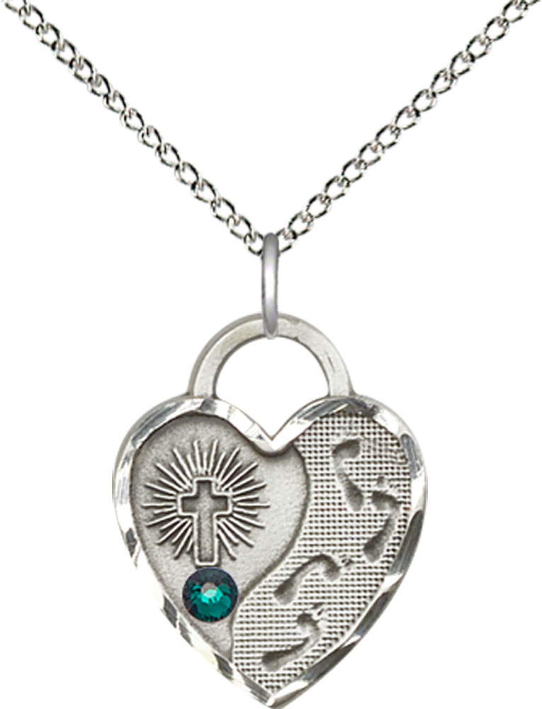 Sterling Silver Footprints Heart Pendant with a 3mm Emerald Swarovski stone on a 18 inch Sterling Silver Light Curb chain