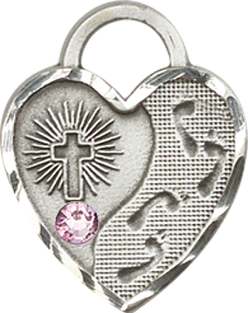 Sterling Silver Footprints Heart Medal with a 3mm Light Amethyst Swarovski stone