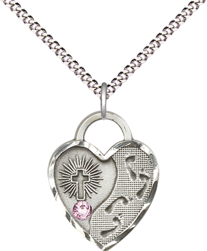 Sterling Silver Footprints Heart Pendant with a 3mm Light Amethyst Swarovski stone on a 18 inch Light Rhodium Light Curb chain