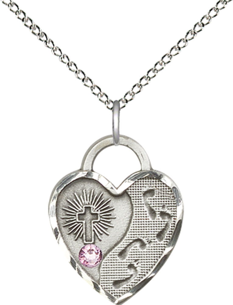 Sterling Silver Footprints Heart Pendant with a 3mm Light Amethyst Swarovski stone on a 18 inch Sterling Silver Light Curb chain