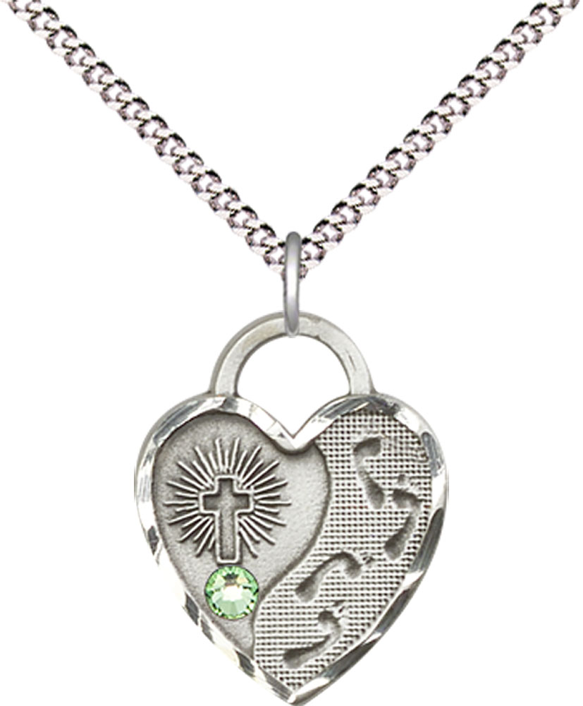 Sterling Silver Footprints Heart Pendant with a 3mm Peridot Swarovski stone on a 18 inch Light Rhodium Light Curb chain