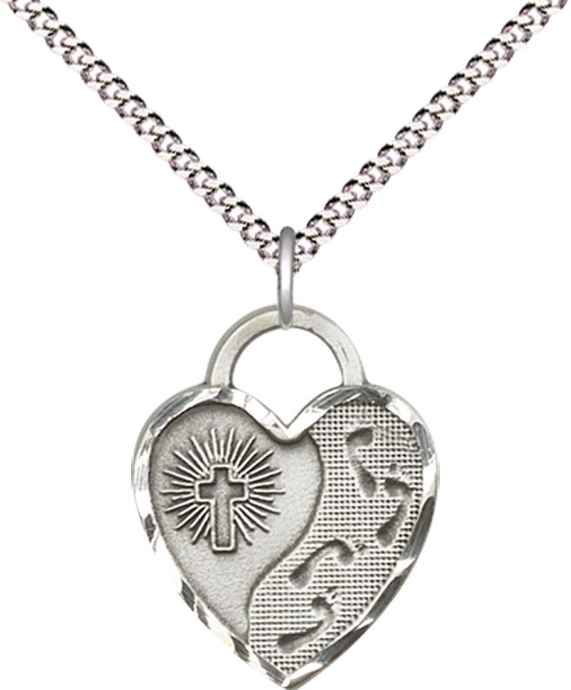 Sterling Silver Footprints Heart Pendant on a 18 inch Light Rhodium Light Curb chain