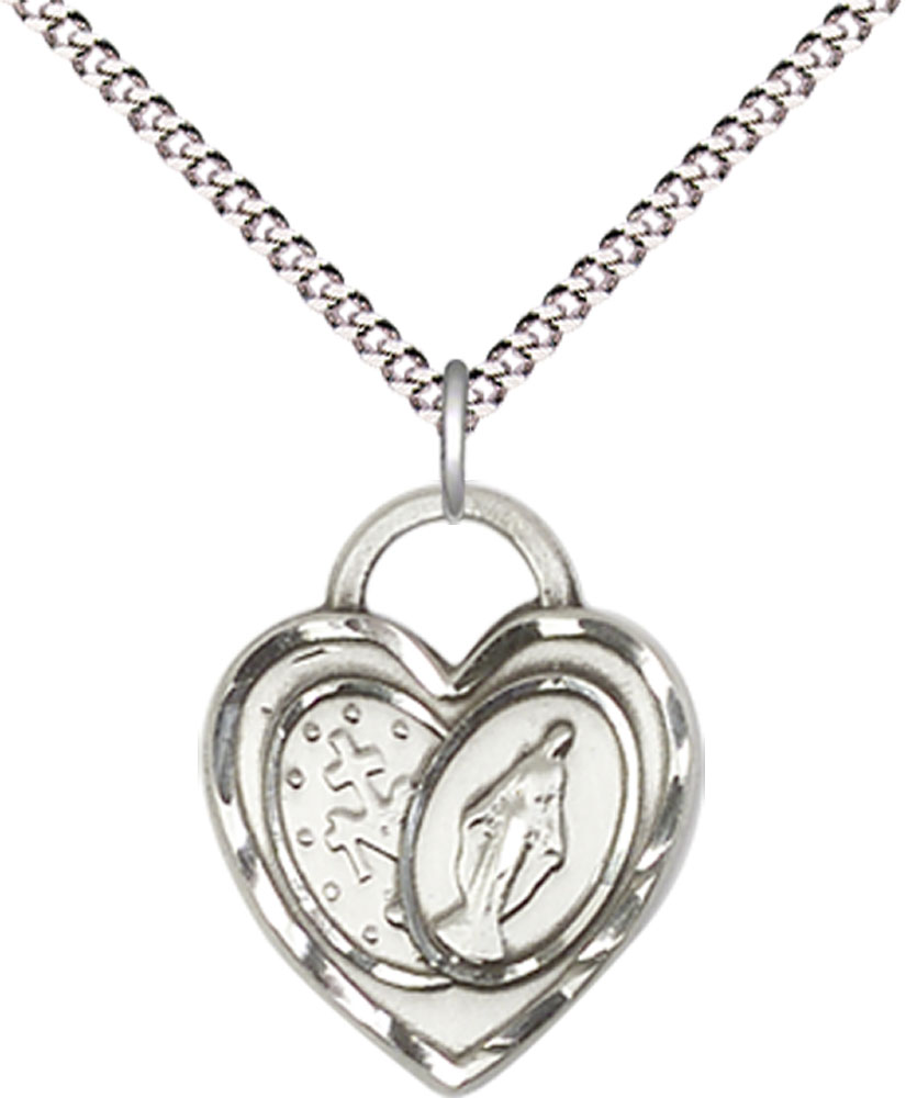Sterling Silver Miraculous Heart Pendant on a 18 inch Light Rhodium Light Curb chain
