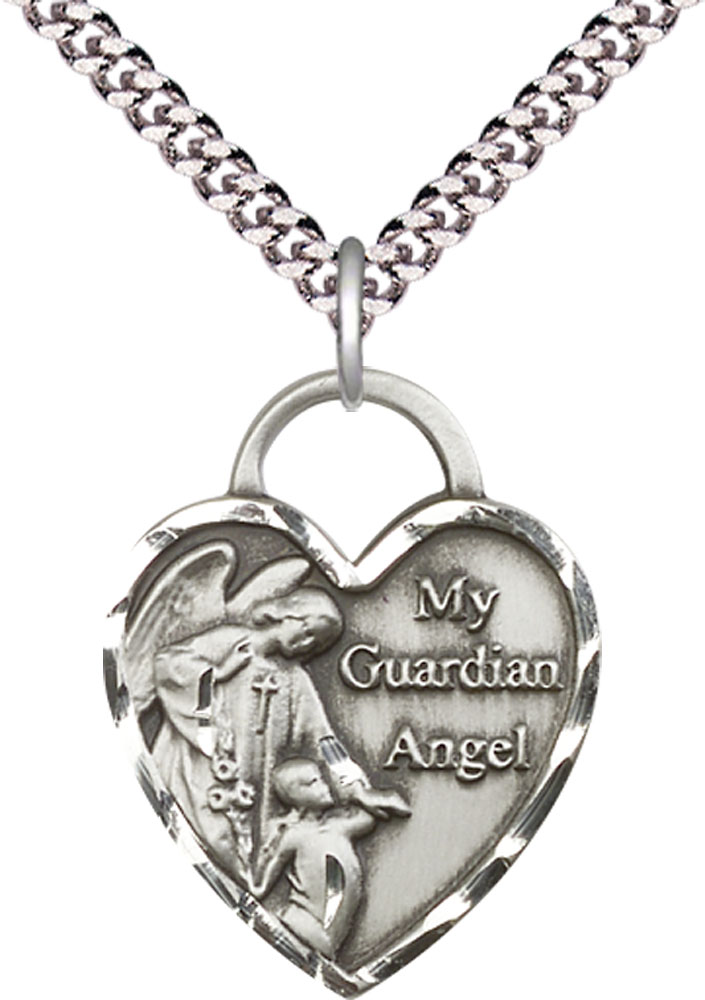 Sterling Silver Guardian Angel Heart Pendant on a 24 inch Light Rhodium Heavy Curb chain
