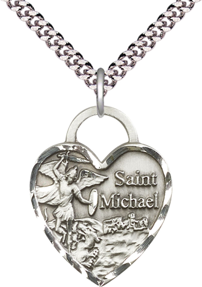 Sterling Silver Saint Michael the Archangel Pendant on a 24 inch Light Rhodium Heavy Curb chain