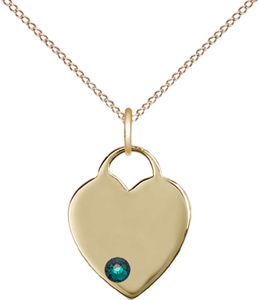 14kt Gold Filled Heart Pendant with a 3mm Emerald Swarovski stone on a 18 inch Gold Filled Light Curb chain