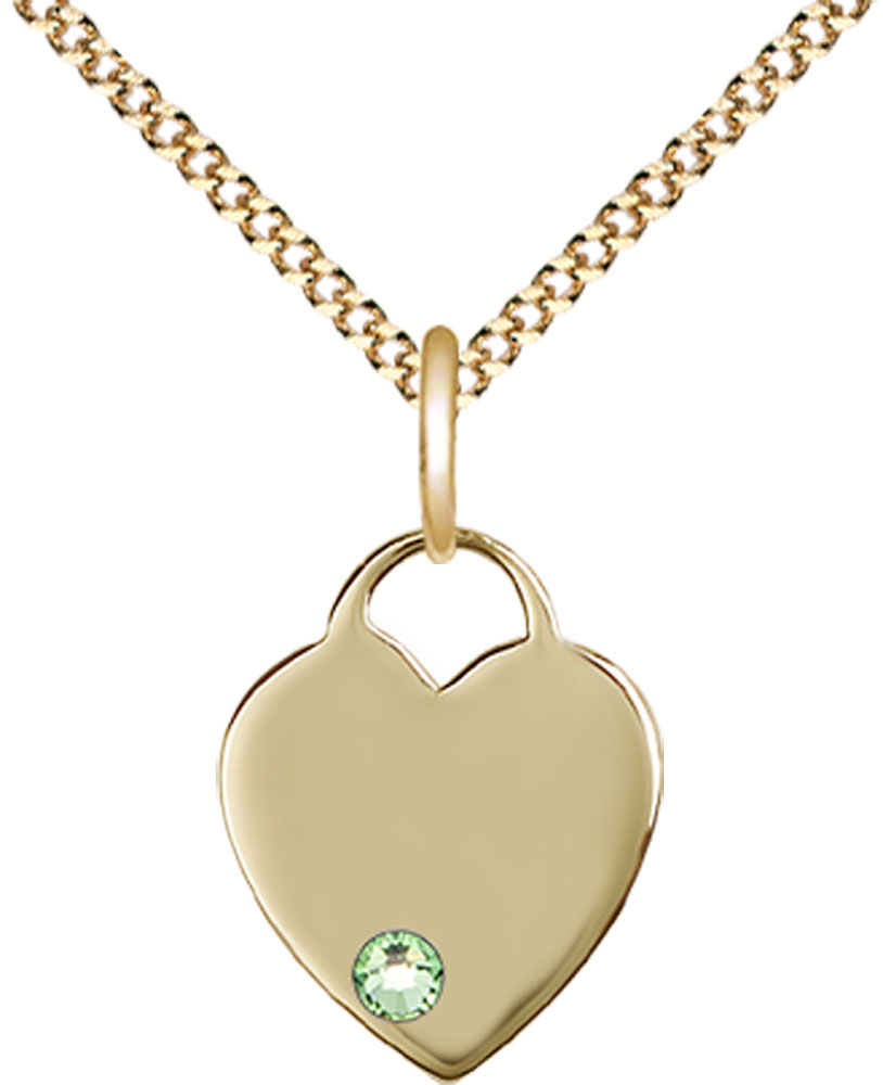 14kt Gold Filled Heart Pendant with a 3mm Peridot Swarovski stone on a 18 inch Gold Plate Light Curb chain