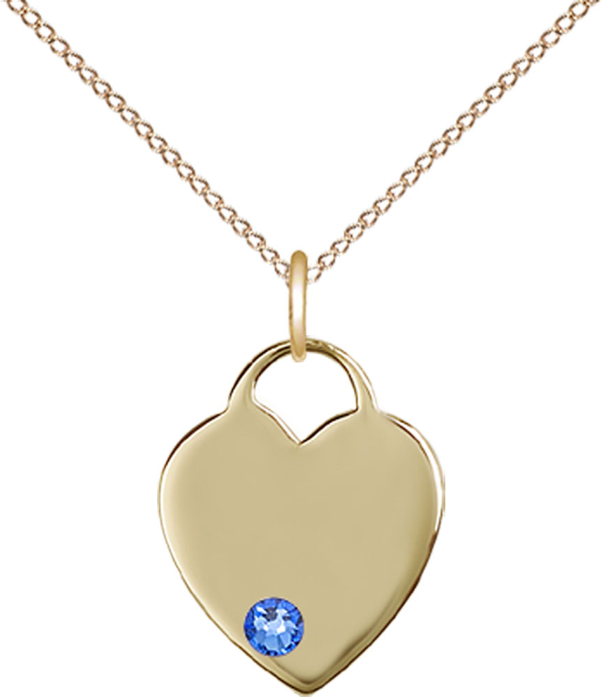 14kt Gold Filled Heart Pendant with a 3mm Sapphire Swarovski stone on a 18 inch Gold Filled Light Curb chain