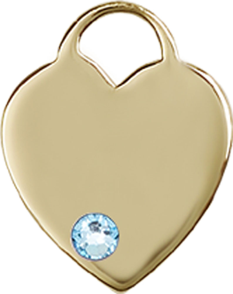 14kt Gold Heart Medal with a 3mm Aqua Swarovski stone