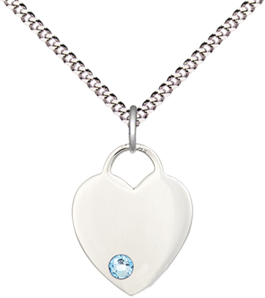 Sterling Silver Heart Pendant with a 3mm Aqua Swarovski stone on a 18 inch Light Rhodium Light Curb chain