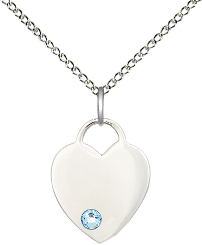 Sterling Silver Heart Pendant with a 3mm Aqua Swarovski stone on a 18 inch Sterling Silver Light Curb chain