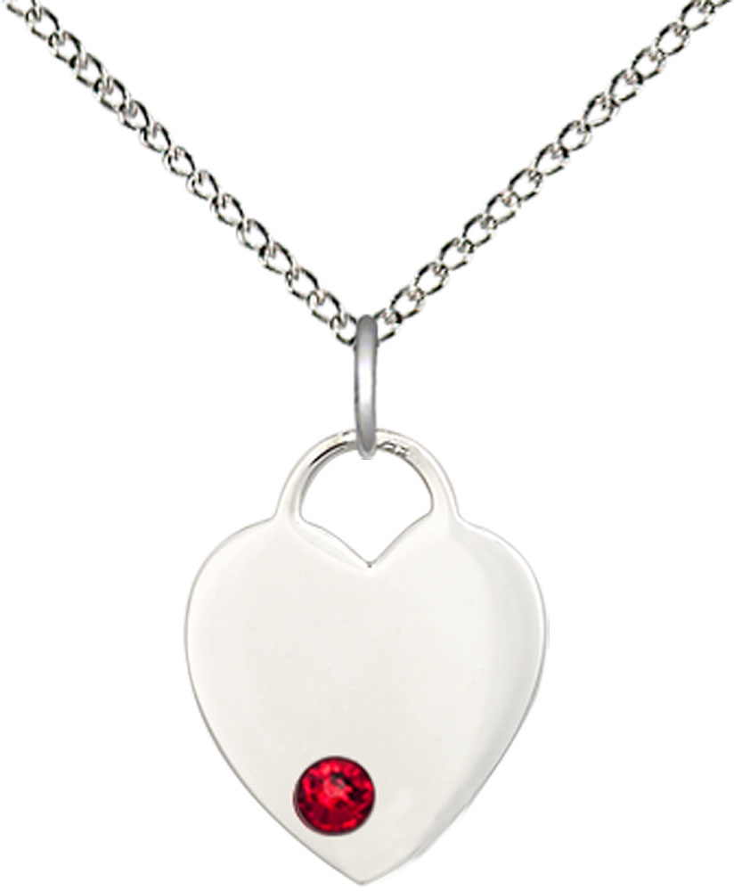 Sterling Silver Heart Pendant with a 3mm Ruby Swarovski stone on a 18 inch Sterling Silver Light Curb chain